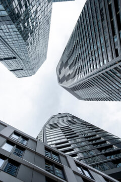 Downtown skyscraper architecture tower perspective vertical urban modern Bankenviertel Frankfurt finance district scene with upward lines and sky