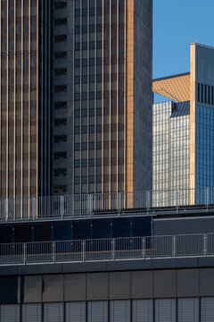 Downtown modern skyscraper architecture tower glass facade vertical Bankenviertel Frankfurt financial district view with clean contemporary lines