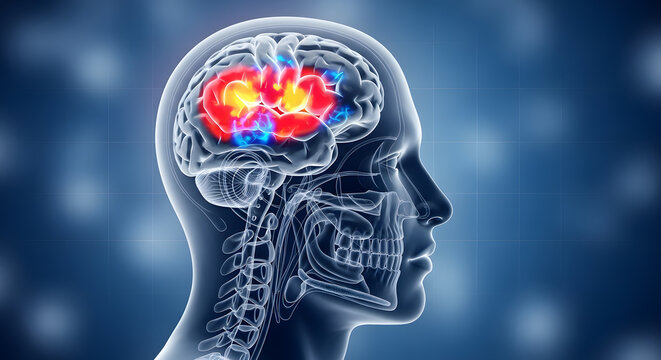 Side profile view of a human head showing activated brain regions and neurological thought processes