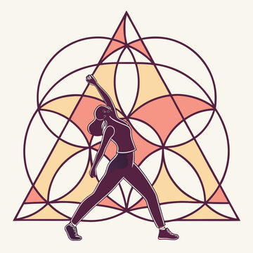 Woman yoga pose triangle geometric background art.