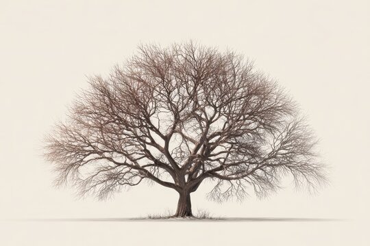 Solitary leafless tree illustrated on a pure white background, minimalist digital artwork