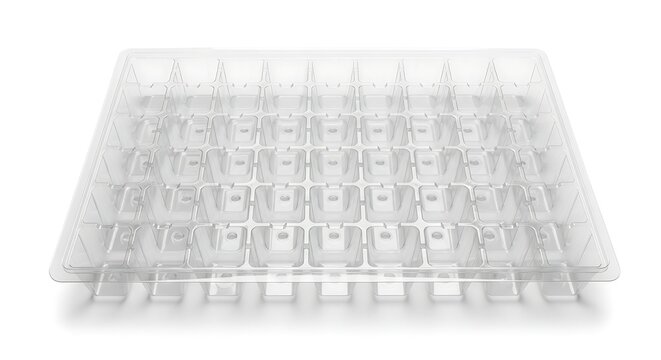 Empty transparent plastic blister packaging tray with multiple square compartments isolated on white background