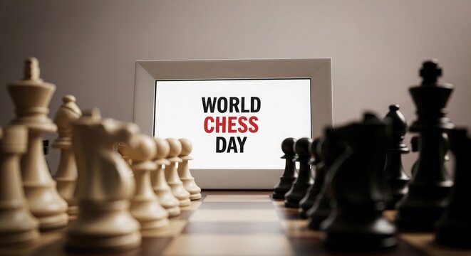 Chess pieces framing 'world chess day' sign through a window