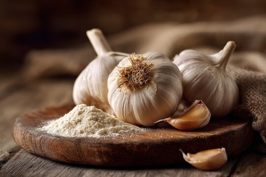 Still life of fresh garlic and garlic powder on natural wood surface
