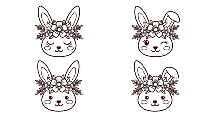 Fototapeta premium Adorable bunny portraits adorned with delicate flower crowns. Ideal for Easter, spring, and cute animal themed graphic design. Includes variations for charming character expressions.