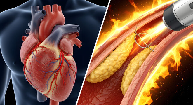 Split image showing a human heart and a diseased artery undergoing a medical interventional procedure