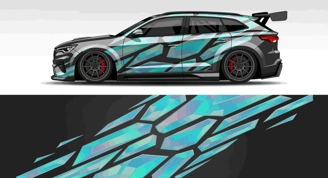 Sleek race car with teal geometric wrap featuring bold aerodynamic design.