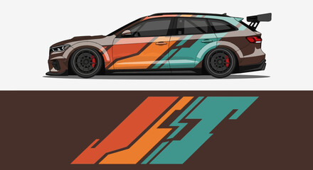 Naklejka premium Vibrant race car with teal, orange, and brown livery racing on a track.