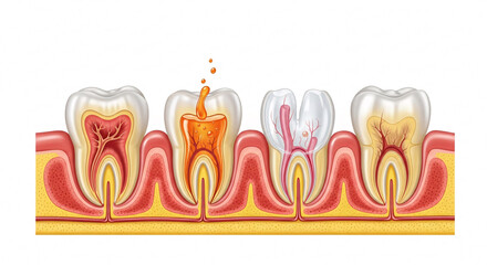 Stages of human tooth decay progression showing a cavity to severe root damage