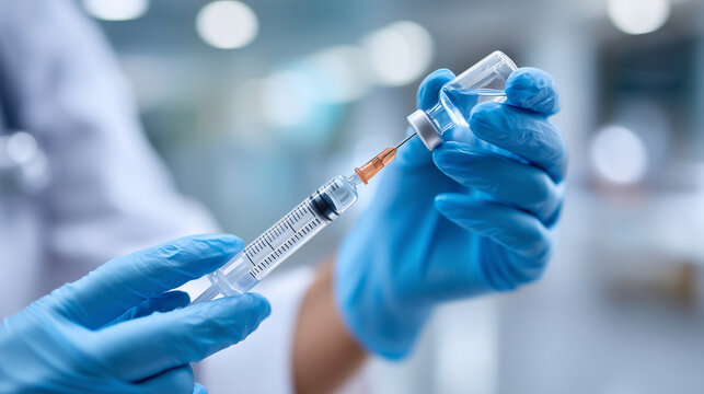 Close-up of faceless hands in gloves preparing a syringe and vial for a tetanus booster shot, bright clinical lighting, vaccination, prevention, sterile environment, professional