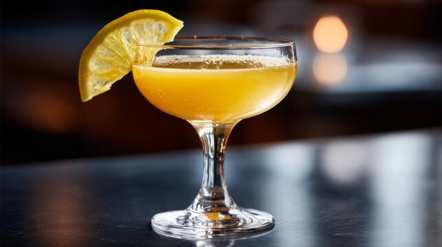Golden cocktail gleams in stemmed glass