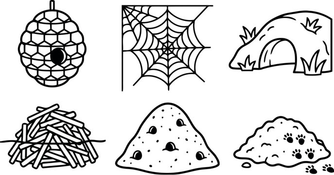 Set of Animal Homes and Habitats Line Art Icons