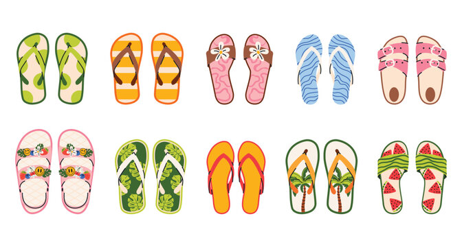 Trendy vector set of beach flip flops in flat hand drawn style. Colorful summer sandals with tropical patterns, fruits and flowers. Perfect for vacation design, travel themes, prints and social media.