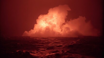 Fototapeta premium Fiery Orange Lightning Illuminating a Stormy Ocean Scene with Powerful Waves and Dramatic Clouds