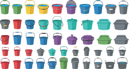 Large collection of colorful buckets with lids and handles various shapes plastic containers isolated household vector illustration set © Sanjida Creative
