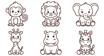 Obraz premium Set of adorable baby animal illustrations featuring monkey lion elephant giraffe hippo and zebra. Simple bold outlines perfect for children coloring pages or nursery decor vector graphics.