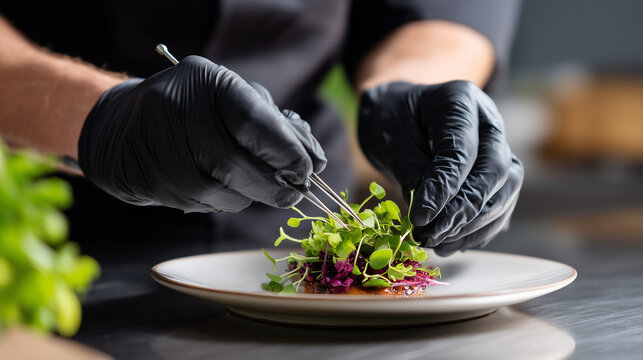 Hands in black nitrile gloves using culinary tweezers to plate a micro-herb garnish on a small tasting dish, Taste of London chef demonstration style, bright professional lighting
