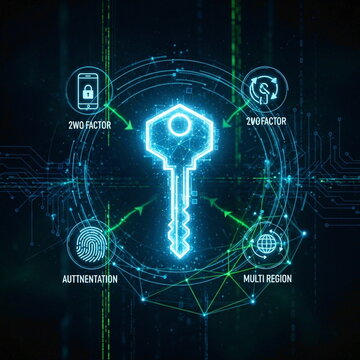 Cyber security key icon with multi factor authentication and global network security features.