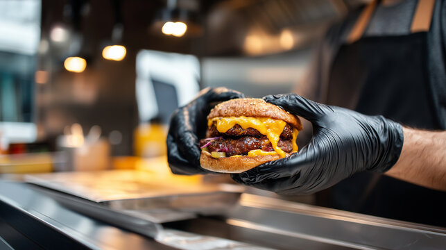 Faceless hands in black nitrile gloves assembling a gourmet burger inside a modern food truck, focus on the melting cheese and grill marks, bright industrial kitchen lights