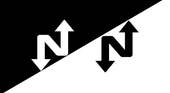 Minimalist graphic design featuring bidirectional arrows in black and white on a diagonally split contrasting background representing trade and exchange direction opposite contrast