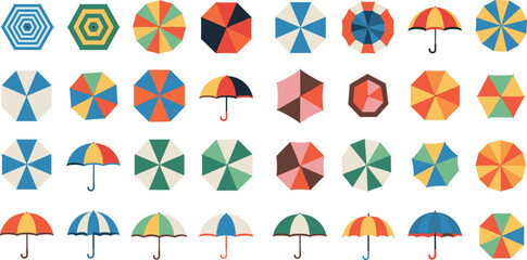 Colorful geometric umbrellas and top view parasols collection with flat design shapes isolated vector set for summer and rain themes © Sanjida Creative