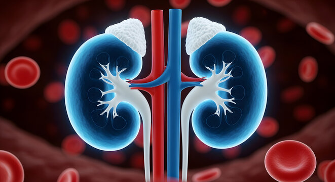 Symmetrical illustration of human kidneys with adrenal glands and blood vessels among blood cells