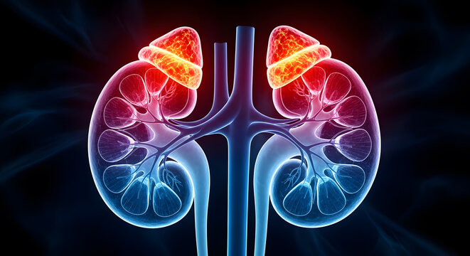 Symmetrical 3D illustration showing human kidneys and intensely glowing adrenal glands for medical study