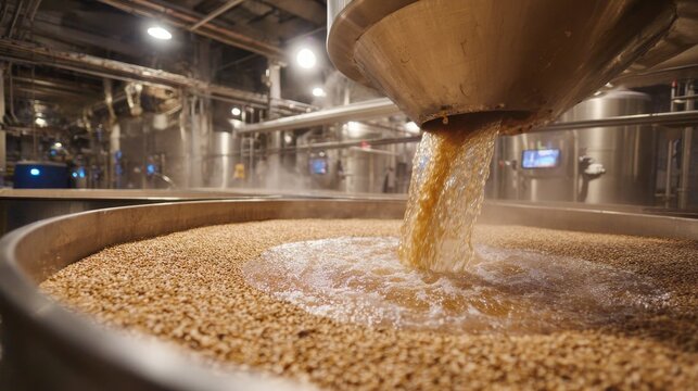 Industrial brewing process, pouring malted grain and liquid into large tanks at a distillery facility