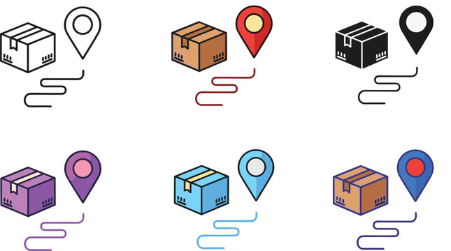 Set of shipping and delivery icons, package tracking concept, location pin with route line, colorful logistics symbols, flat vector illustration