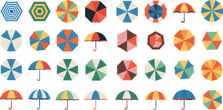 Colorful geometric umbrellas and top view parasols collection with flat design shapes isolated vector set for summer and rain themes
