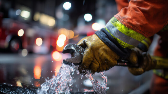 Faceless hands in professional firefighting gloves opening a street hydrant with a wrench, water splashing, bright urban street lights reflecting on wet pavement