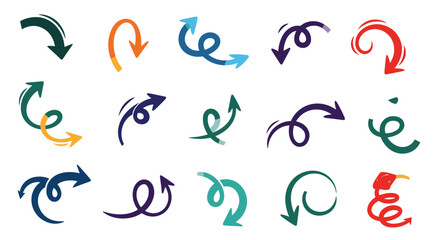 Fototapeta premium Large collection of colorful and expressive hand drawn arrow icons in various curly and straight styles for visual communication.
