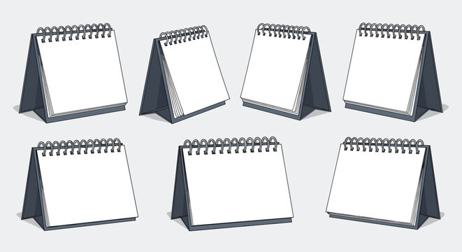 Collection of blank spiral bound desk calendars shown from different perspectives for schedule planning and time management mockups.