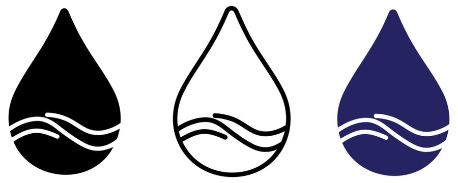 Water drop icons set three teardrop symbols with waves inside solid black, outline, and solid blue vector illustration of liquid or oil droplets