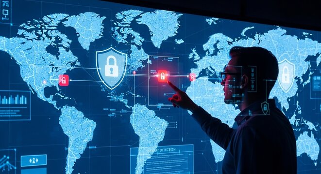 Cybersecurity professional analyzing global threat network on a large digital world map screen