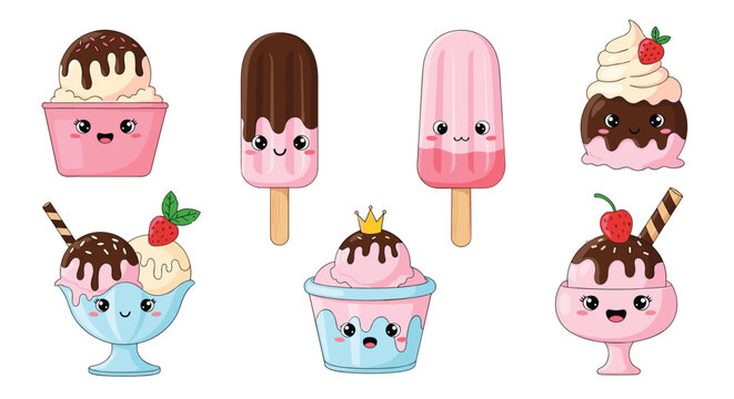 Collection of cute kawaii ice cream characters and popsicles with happy smiling faces and various delicious toppings and flavors.
