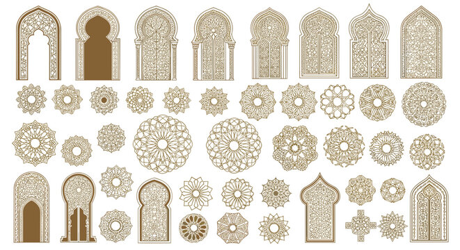 Elaborate set of Islamic architectural arches and intricate golden geometric mandala patterns in a vector format.