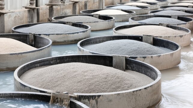 Large industrial tanks filled with fibrous raw material undergoing processing and soaking in liquid