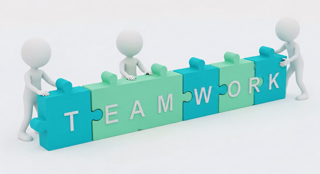 Three animated figures collaborate to assemble puzzle pieces spelling teamwork on a clean surface