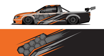 High speed race car with orange and black livery and honeycomb pattern on track. © AhzaArdiansyah