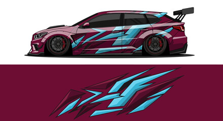 Dynamic racing car with vibrant blue and pink livery and logo on maroon banner. © AhzaArdiansyah