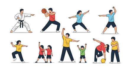 Fototapeta premium Group of people engaged in different physical activities including martial arts, yoga, basketball, and other team sports.