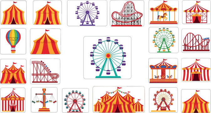 Colorful circus and carnival icon collection featuring tents, ferris wheels, roller coasters, and amusement park attractions for fun entertainment design