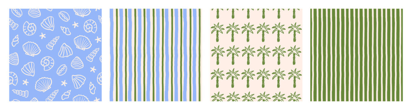 Set of seamless patterns with doodle naive summer elements and vertical stripes. Trendy tropical beach hand drawn background. Vector illustration. Blue, green and beige colors