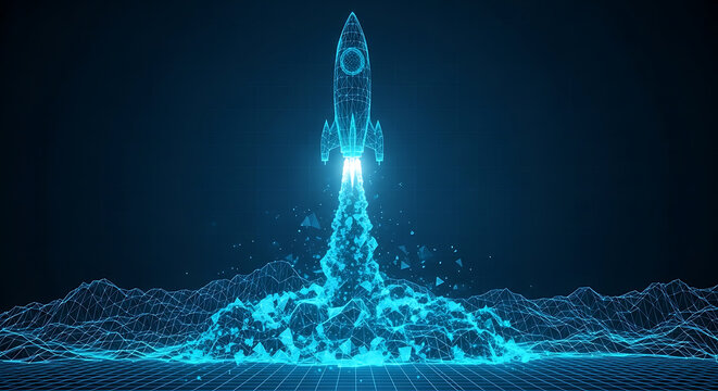 Digital rocket launch made of blue glowing particles representing startup success and technological innovation over data grid with technology innovation progress business particle connection