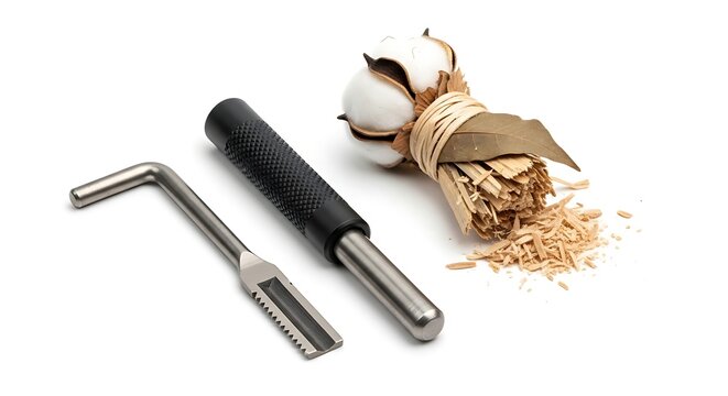 Handcrafted leather working toolset with cotton flower branch and wood shavings on white background