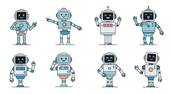 Set of friendly robot characters in various poses with different digital facial expressions and interactive gestures.