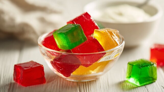 Colorful gummy candies glow in a glass bowl