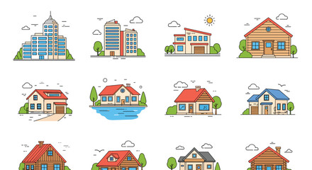 Naklejka premium Collection of various residential house illustrations showing different architectural styles for real estate marketing.