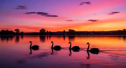 Naklejka premium Silhouettes of four graceful swans swimming in a calm lake during a breathtaking sunset with vibrant pink and orange clouds reflecting on the water